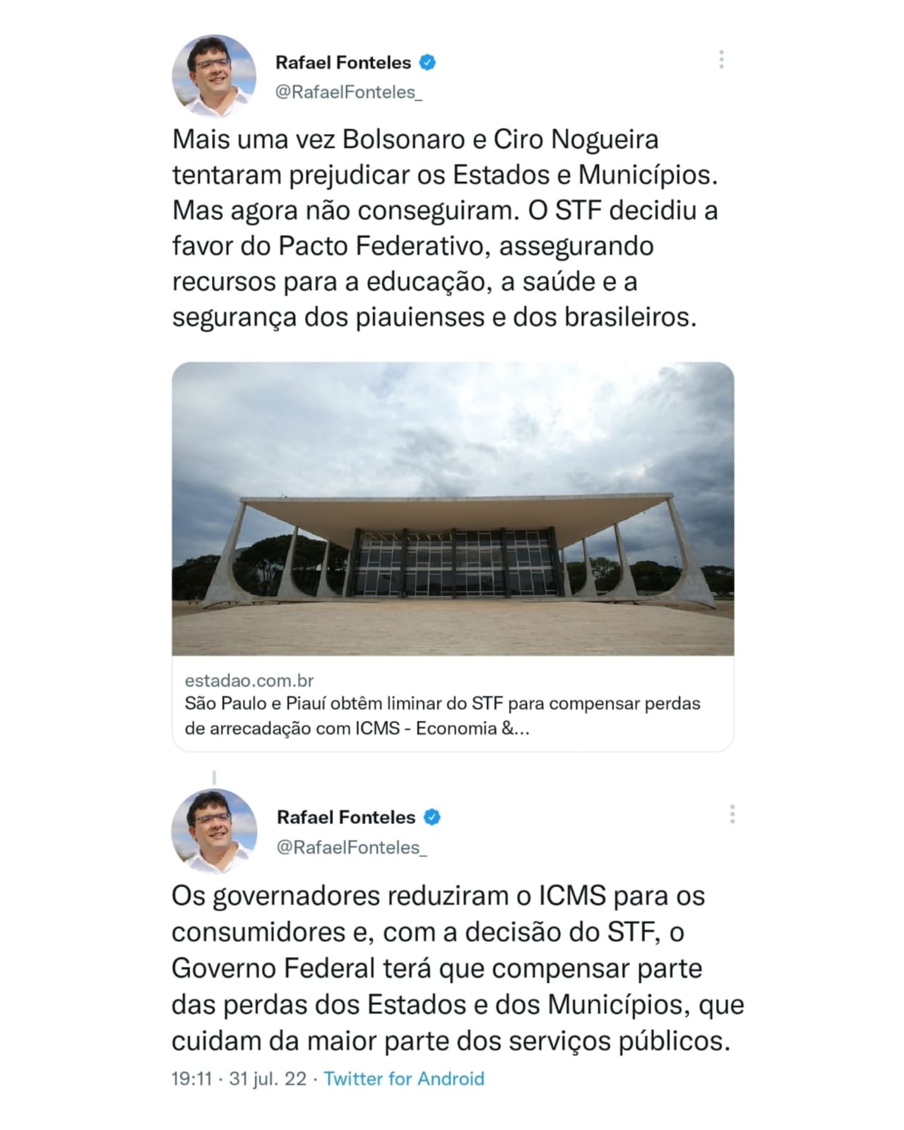 Rafael Fonteles comemora liminar do STF que obriga União a compensar o Piauí por redução o ICMS